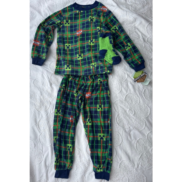 Boys Minecraft Green Blue Plaid Pajama Set XS (4/5) Flame Resistant - Picture 1 of 4